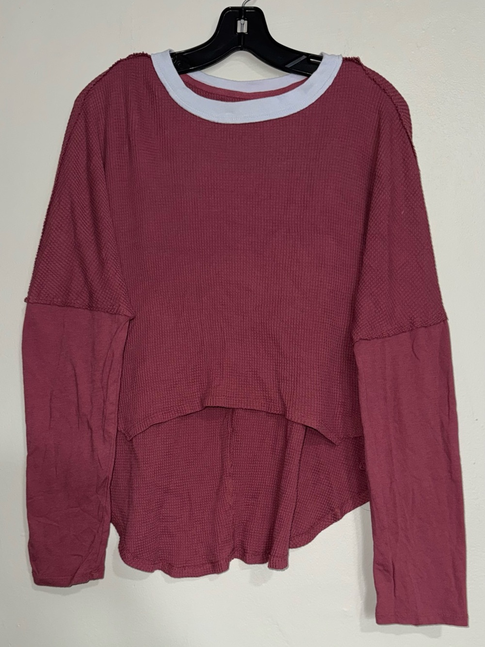 We The Free Mauve Long Sleeve Layered Waffle Top with White Trim
